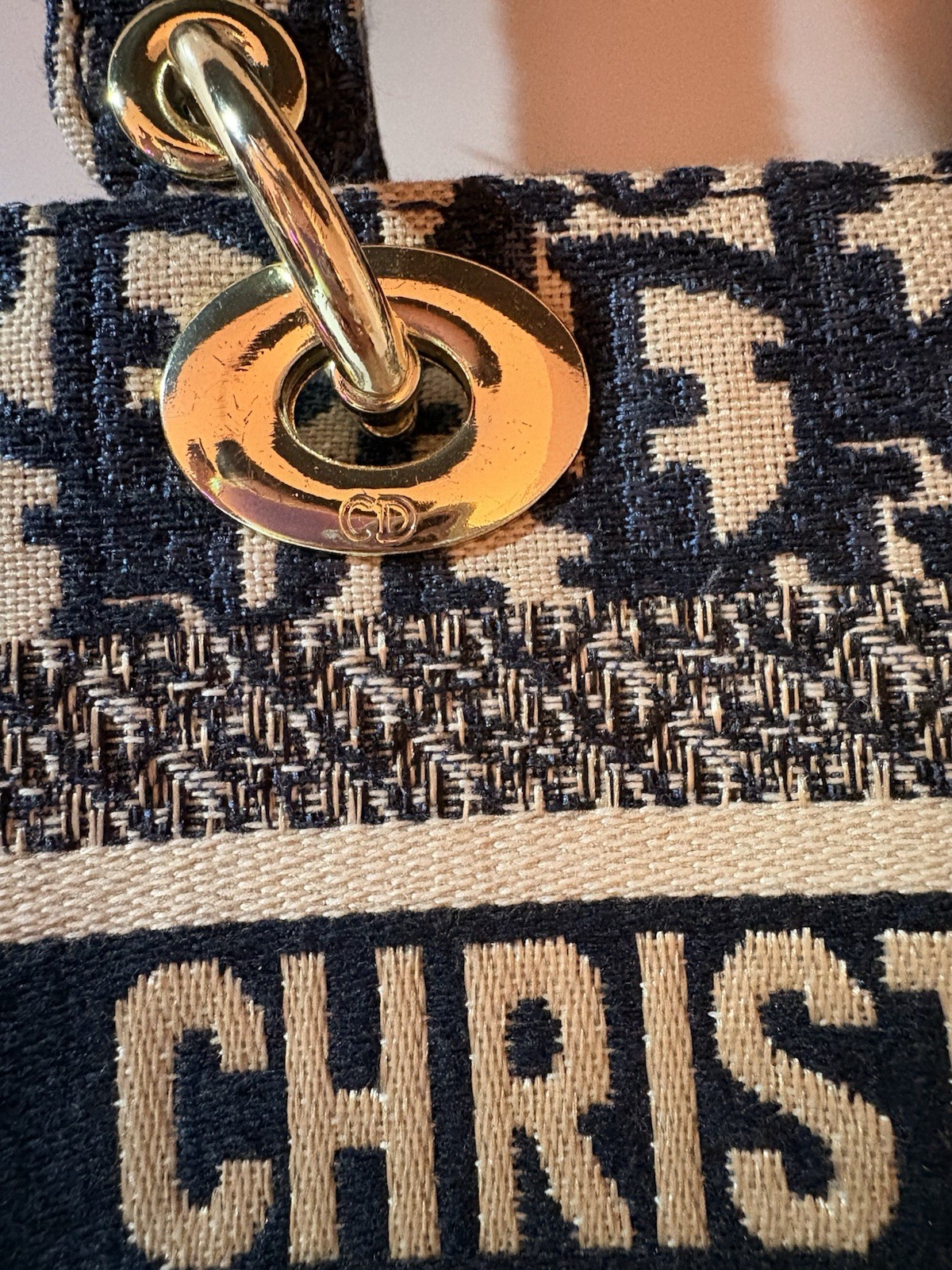 Dior Blue Beige Monogram Jacquard Top Handle Bag Gold Hardware CD Charm