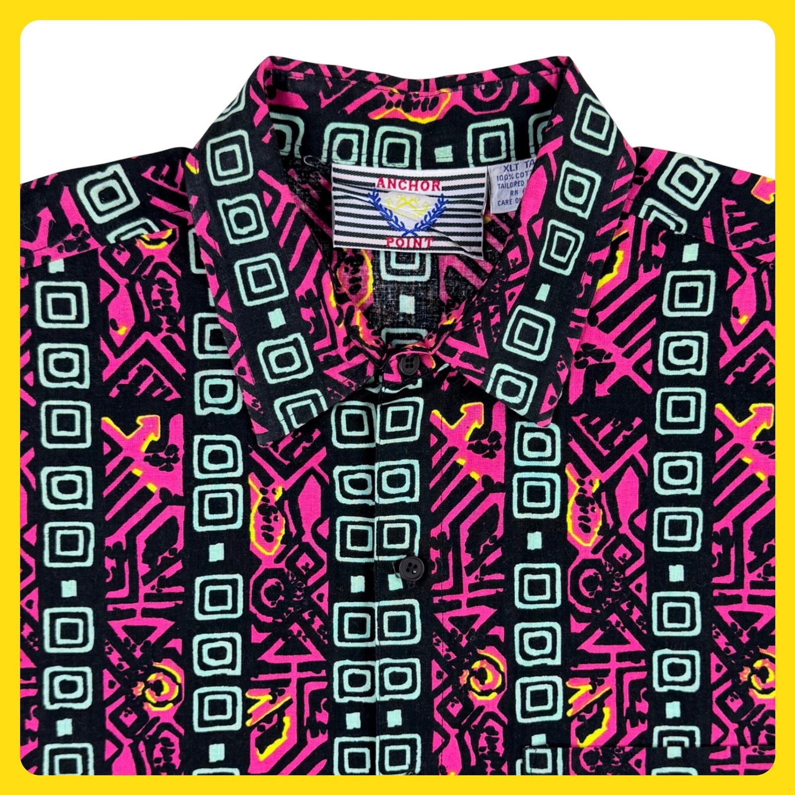 Anchor Point Button Front Shirt Men XLT Tall Pink Cotton Geometric Abstract 90s
