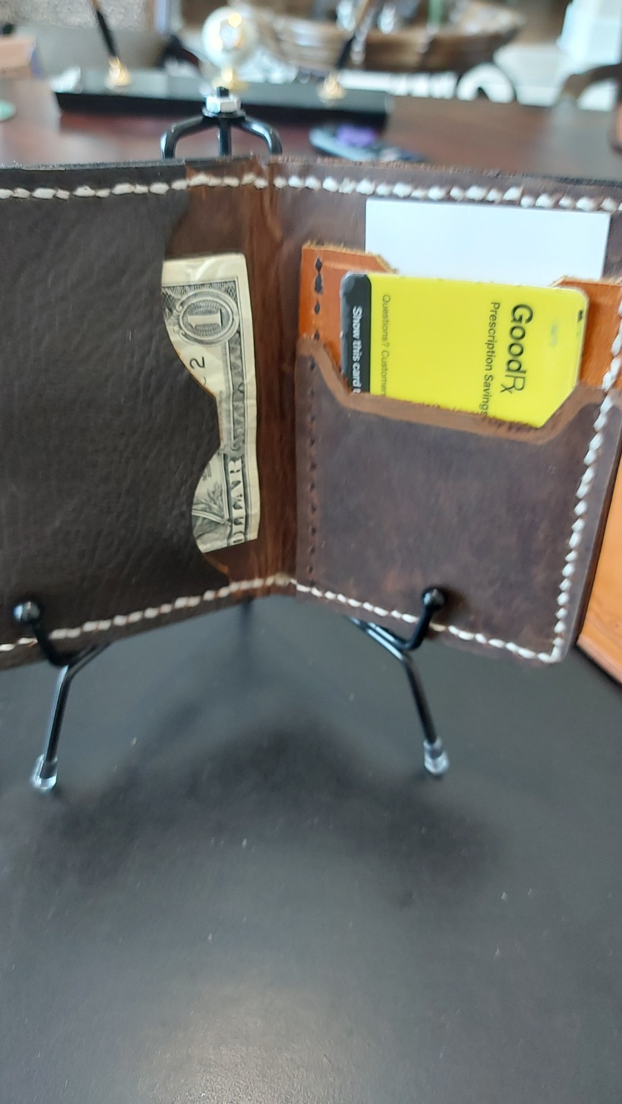 medium leather wallet cards and bills rfid black unisex white stitching 3″x4″