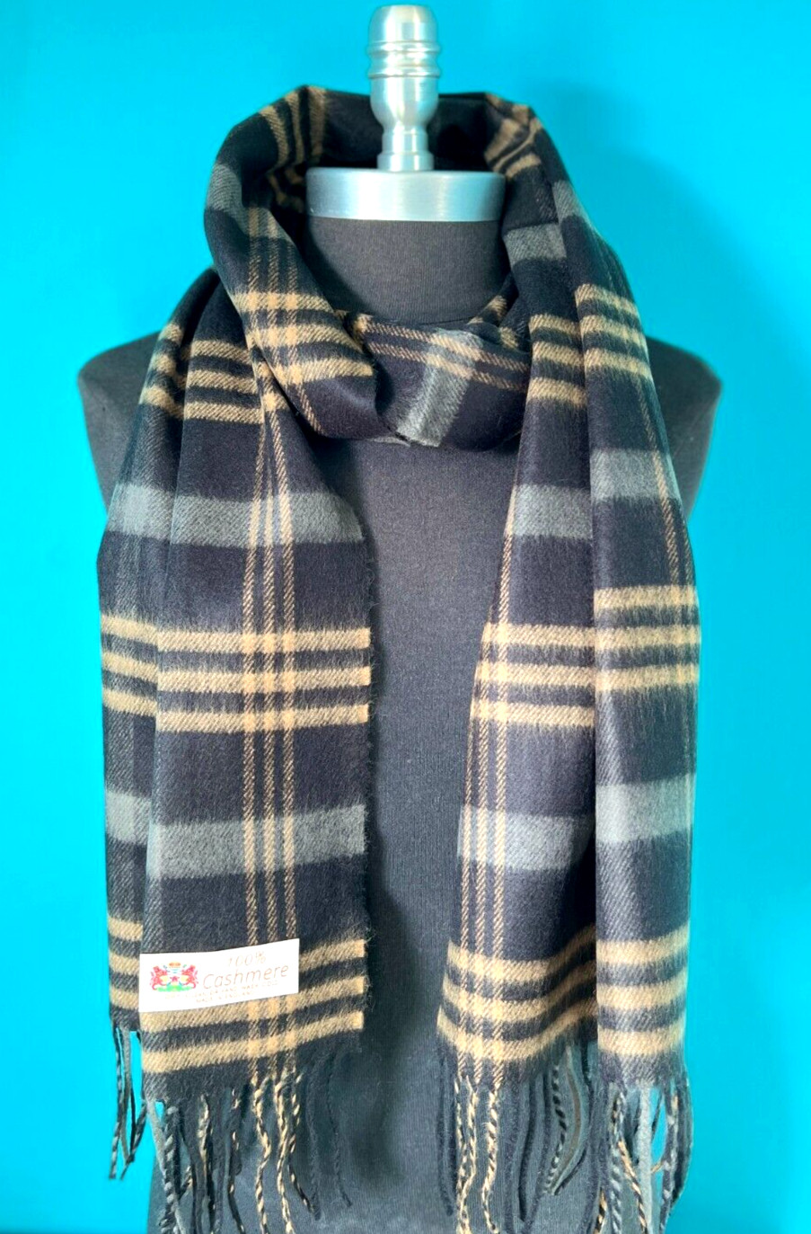 Men’s WINTER 100SHMERE SCARF Plaid Black/Gray/Camel Made in England Soft Wool