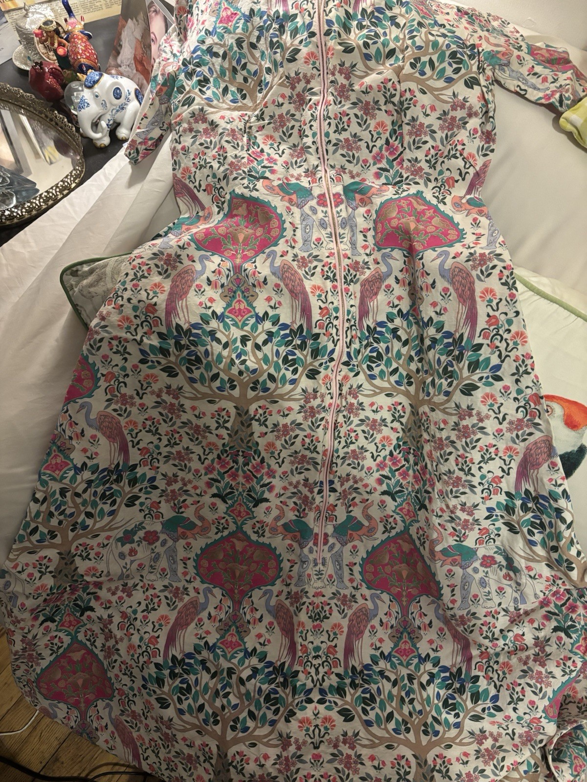 FLASH SALE! Gently worn Sandro Midi dress with Teal & Pink Crane Print. Size 34!
