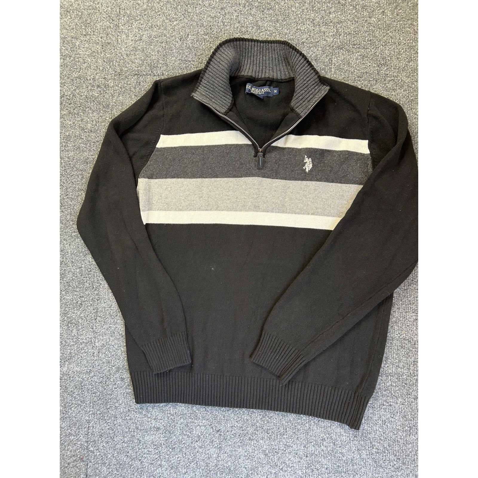 US Polo Assn Quarter Zip Sweater Mens Medium Black Striped Mock Neck Pullover