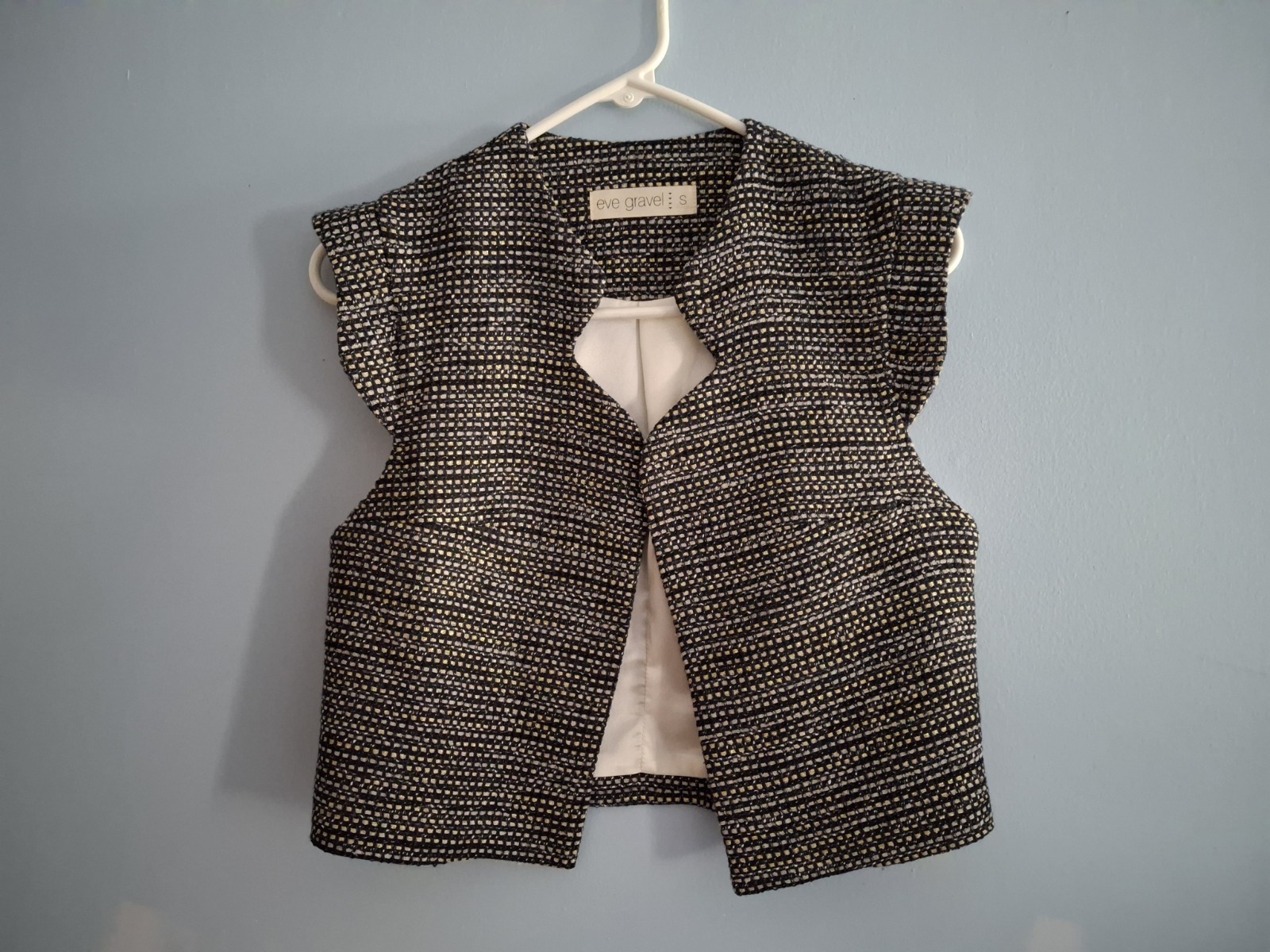 Eve Gravel Anthropologie Open Top Vest Metallic Woven Tweed Black White Gold S