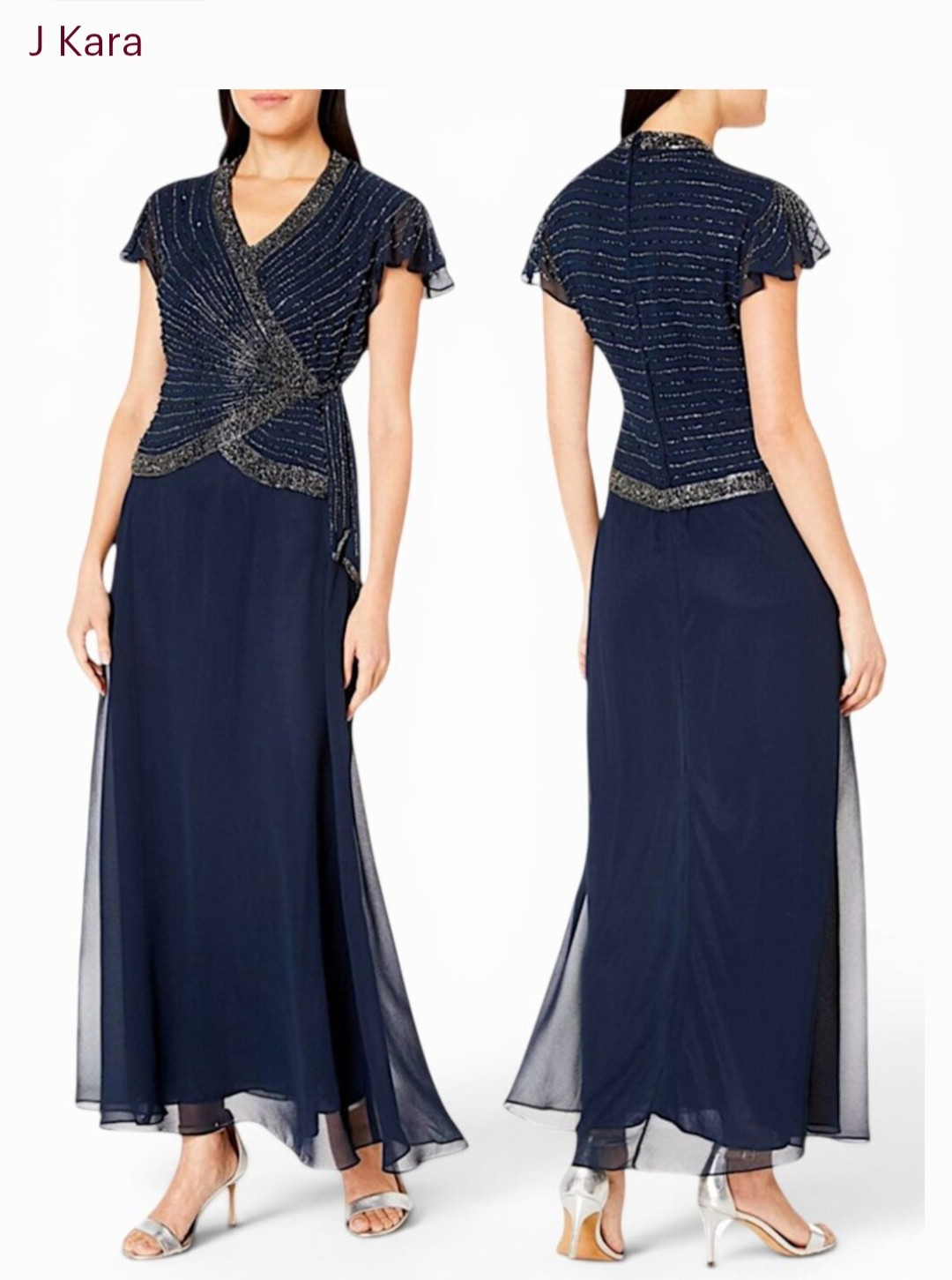 J Kara Navy V-Neck Cap Flutter Sleeve Beaded Side Tie Chiffon Gown 14