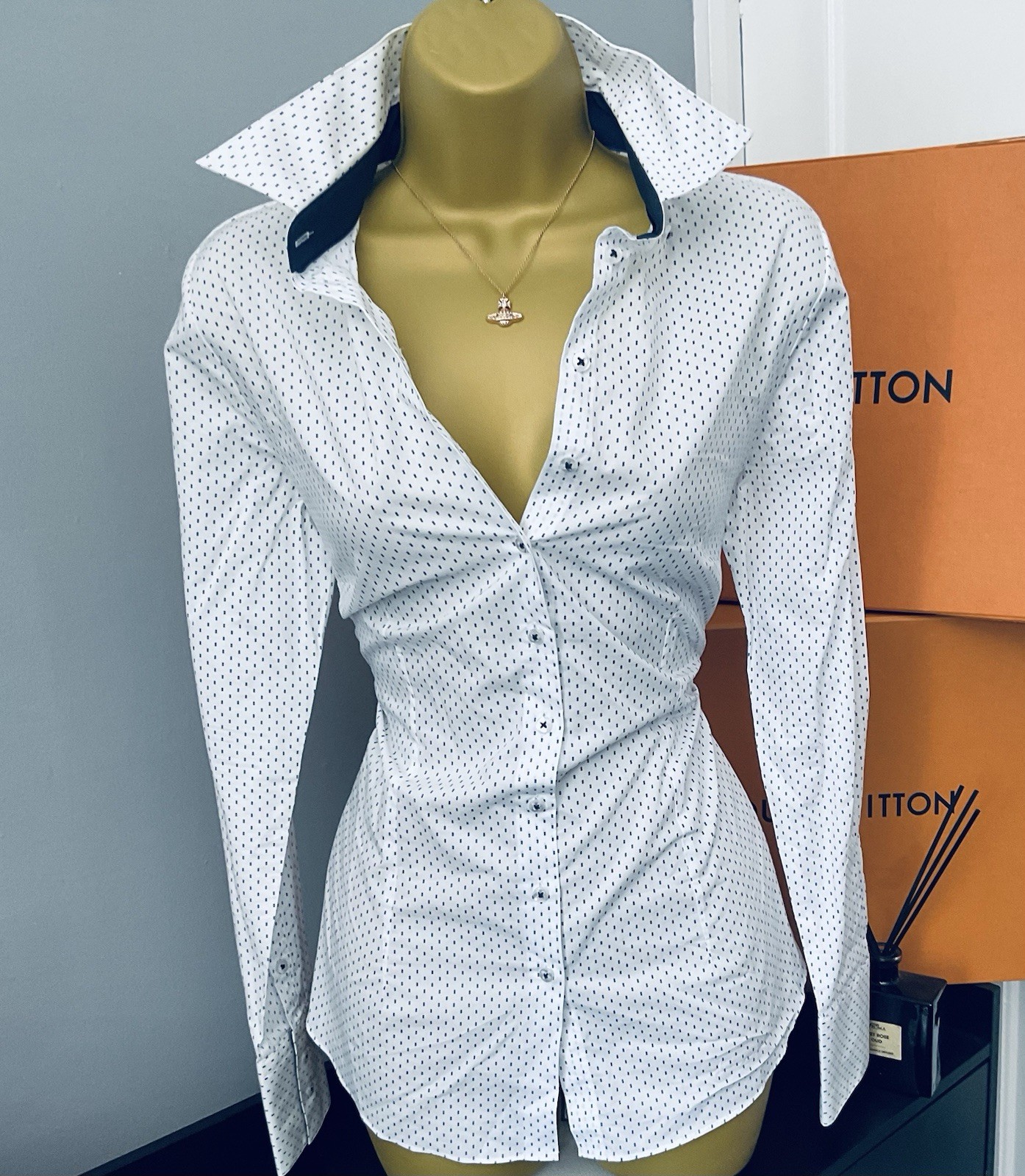 Pristine Hawes & Curtis Fitted Robby Spot Cottond Shirt Blouse UK Size 14