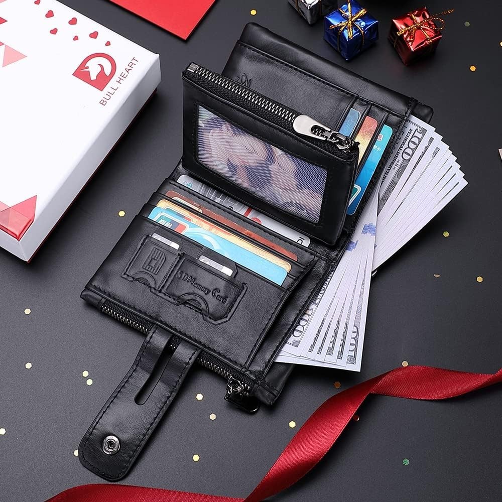Bill Heart Mens Wallet with Chain Genuine Leather Purse RFID Blocking Bifold Dou