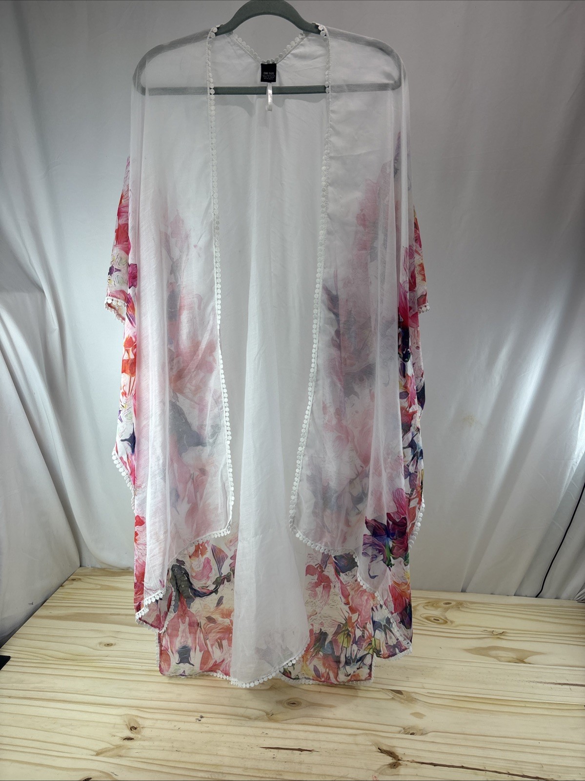 Womens Sheer Floral Kimono Cover Up White Watercolor Open Front Beach Swim OS