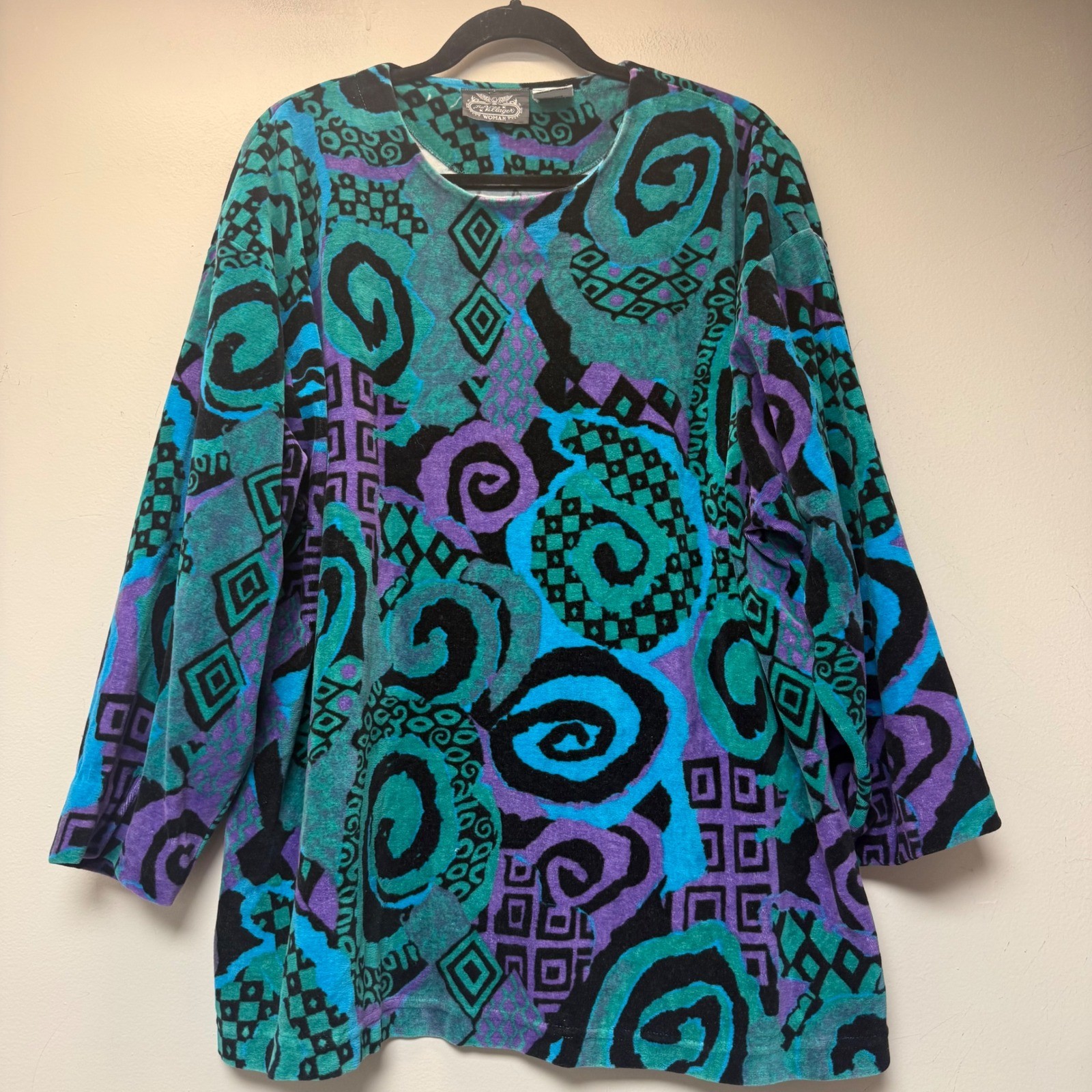 The Villager Woman Tunic Top Womens 2X Teal Purple Excellent Abstract Velour 90s