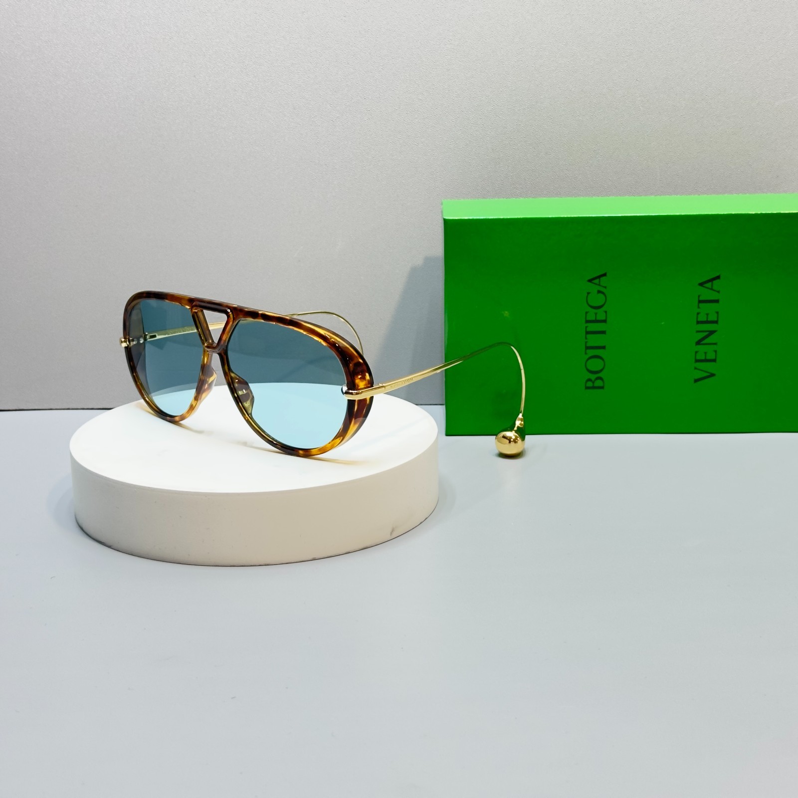 Bottega Veneta BV1273S Tortoise Gold Blue Lens Aviator Sunglasses New w/ Box