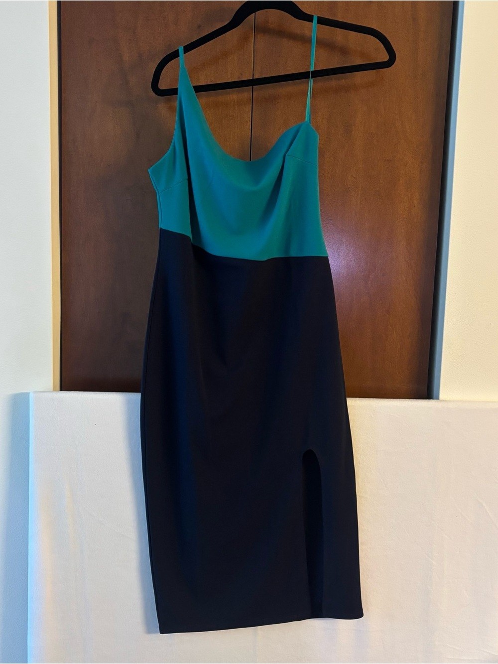One-Shoulder Teal and Navy Colorblock Dress Sz L