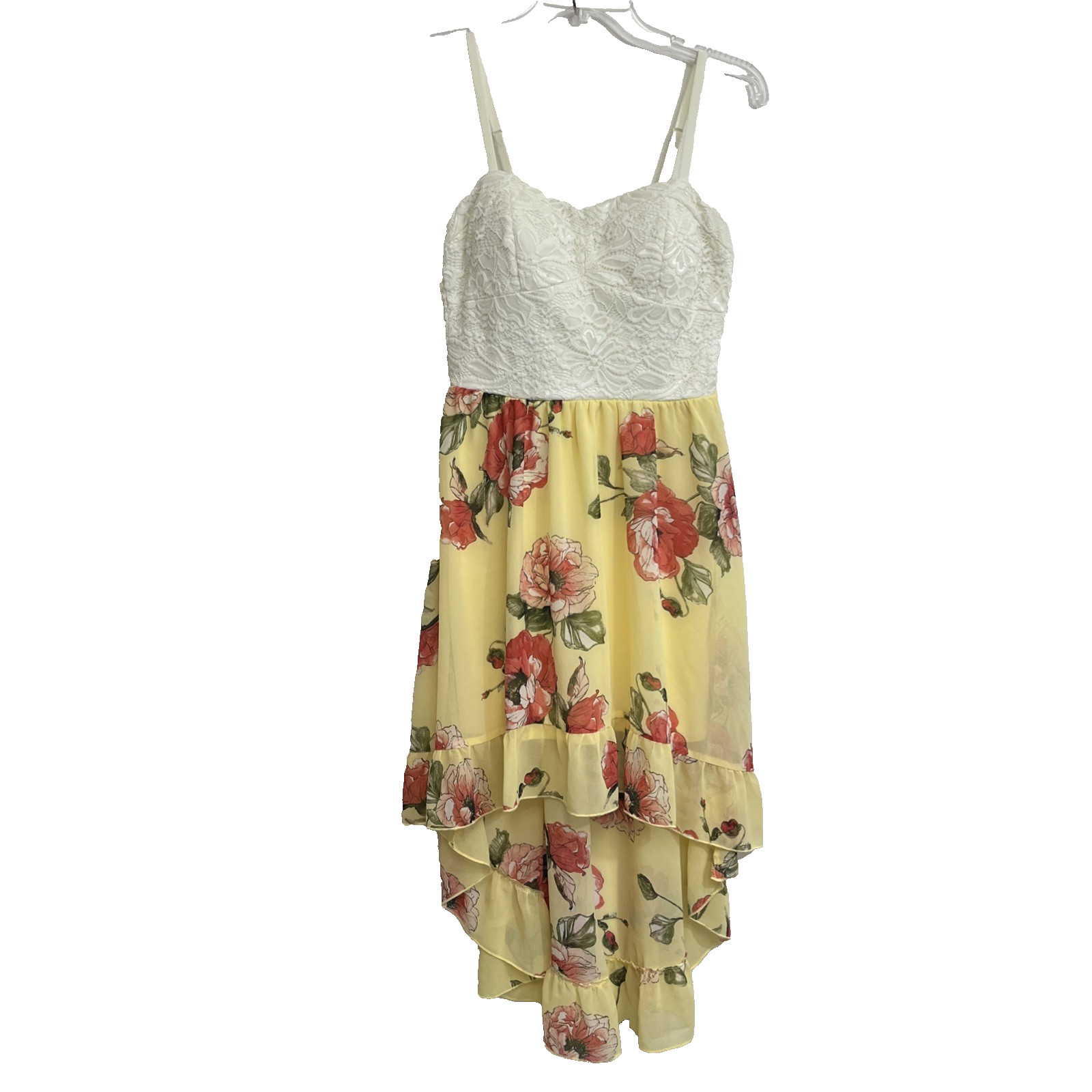 A.U.W. Sundress Size L Yellow Pink Floral Adjustable Strap Built In Bra Hi-Low