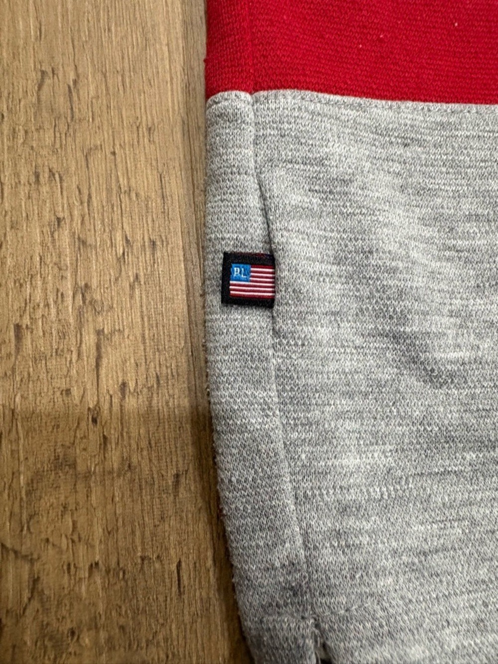 Vintage Striped Polo Button Shirt with American Flag Patch – Gray, Black & Red