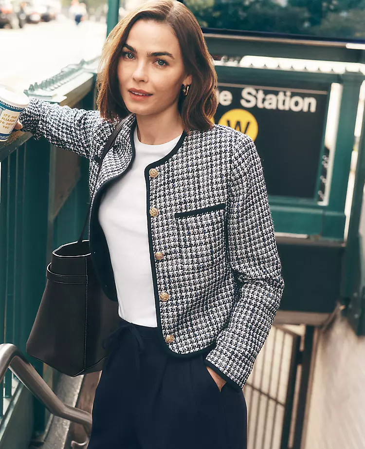 NEW ANN TAYLOR $198 NIGHT SKY WEEKEND TWEED CREW NECK JACKET BLAZER SZ 12