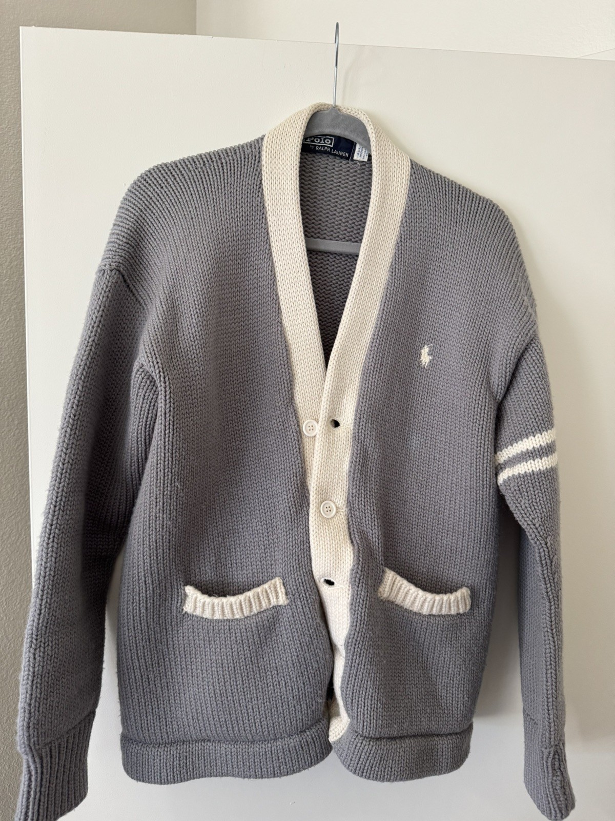 Polo Ralph Lauren 100% Wool Cardigan Size M size 42 sweater Tan and Grey 1990’s