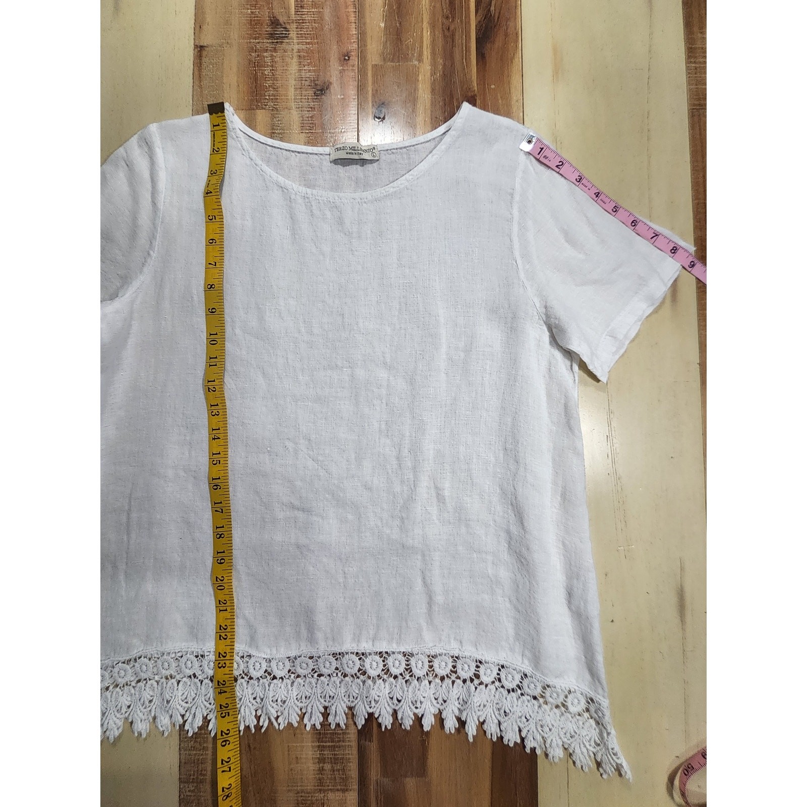 Made in Italy Linen Top White Crochet Lace Hem Boho Large
