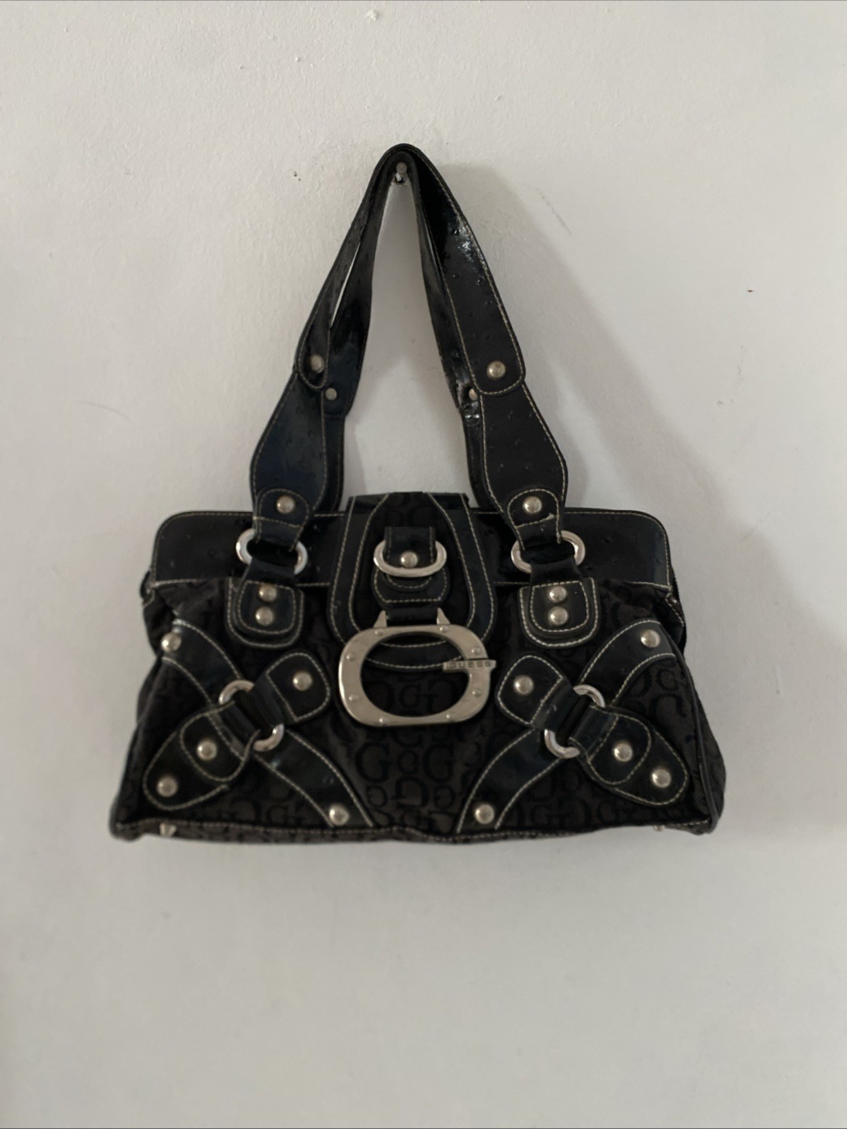 GUESS Y2K Vintage Monogram Shoulder Bag Early 2000s Studded Chunky Strap Black