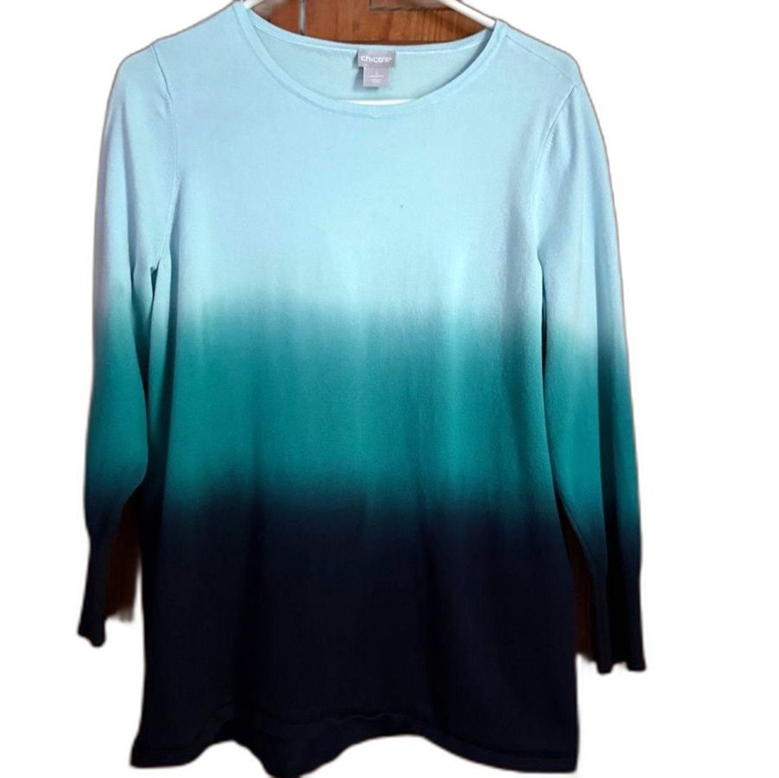 Chico’s Ombre Crewneck Sweater in Light Aqua, Teal & Navy Size 1 / Medium