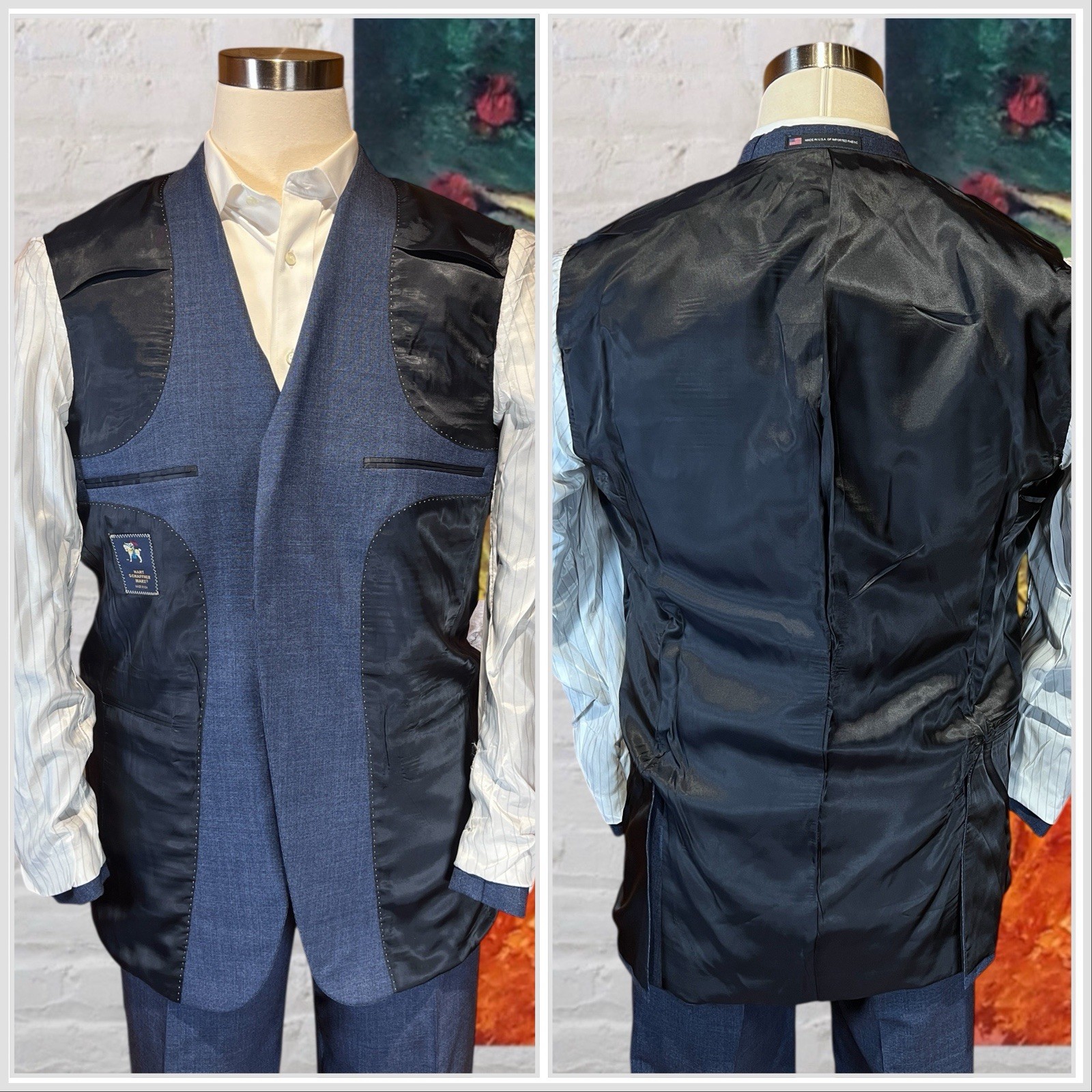 Hart Schaffner Marx New York 42L 36×32 Navy Blue Heathered Hopsack Suit