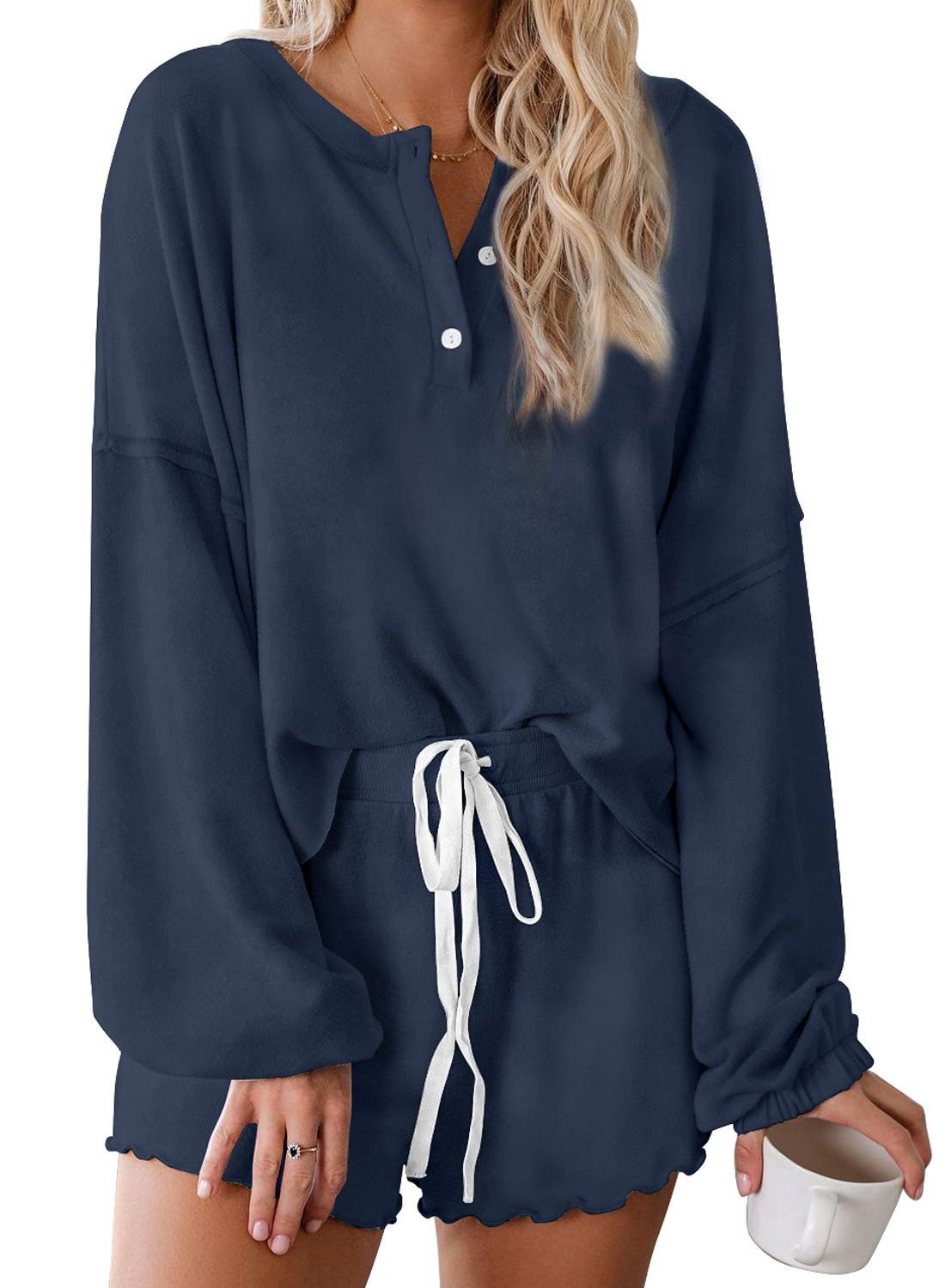 Women’s 2 Piece Pajama Lounge Set (Dark Blue, Small)