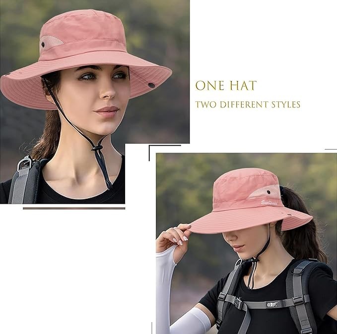 Women’s Summer Sun Hat – Wide Brim Bucket Hat with Ponytail Hole & UV Protection