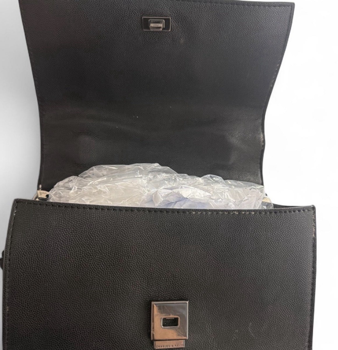 CHARLES & KEITH – Velvet Front Flap Black Flower Mini Bag