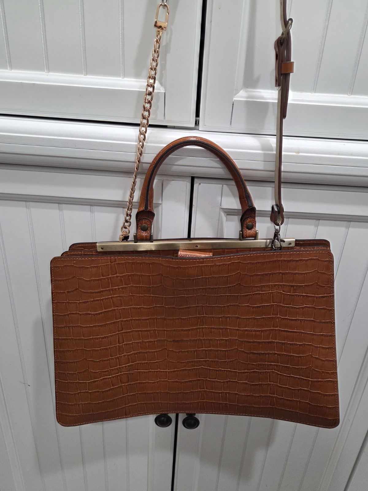 Claudia Firenze Vtg Lg Brown Croc Embossed Top Handle Satchel Detachable Strap