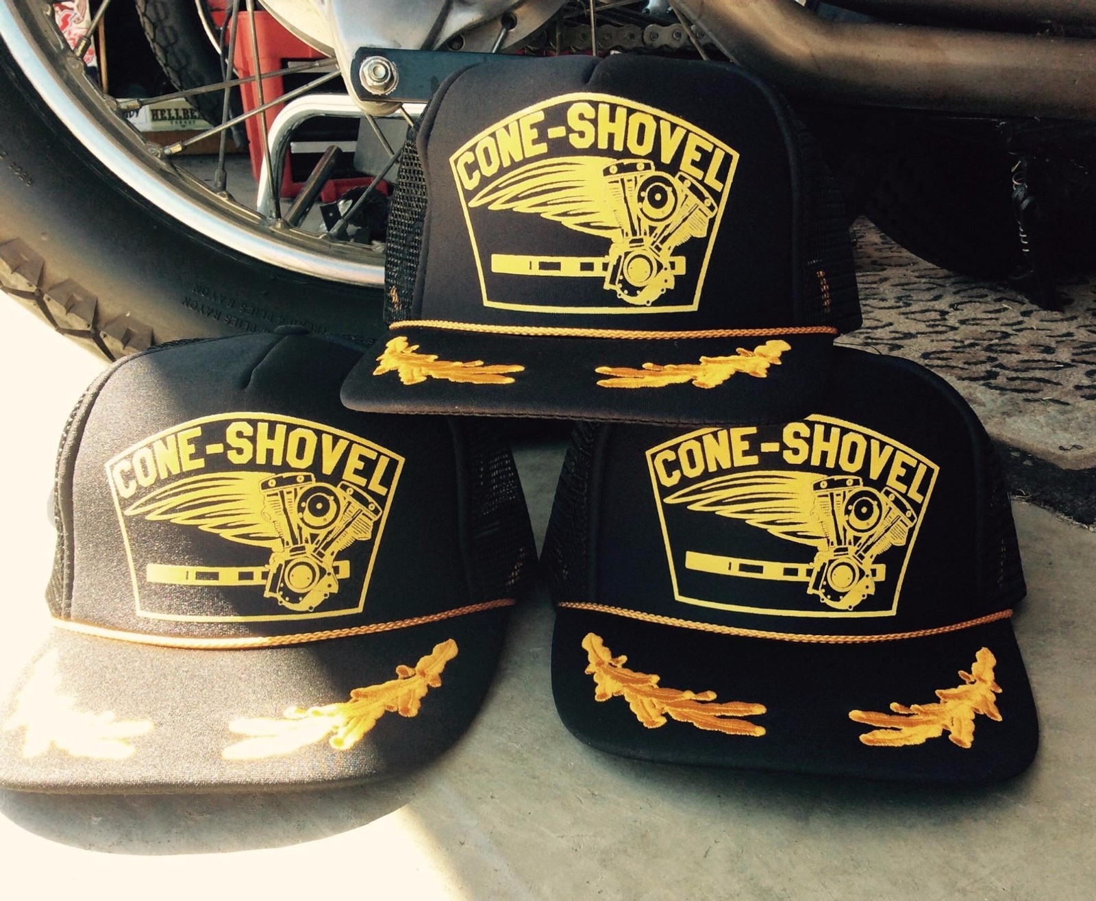 CONE SHOVEL shovelhead captain scramble leaf gold black trucker hat motor