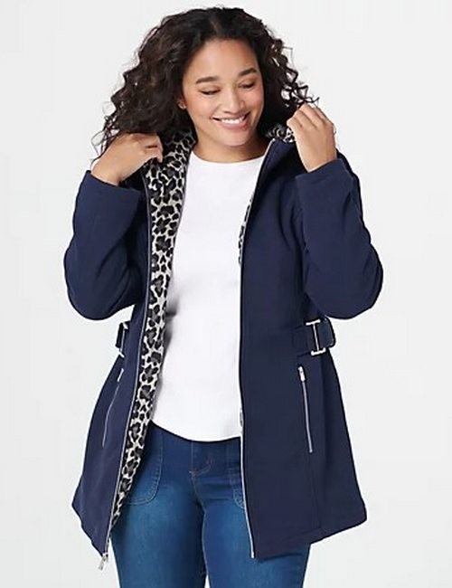 Susan Graver Stormy Night Blue Knit Fleece Coat Jacket Leopard Hood M New