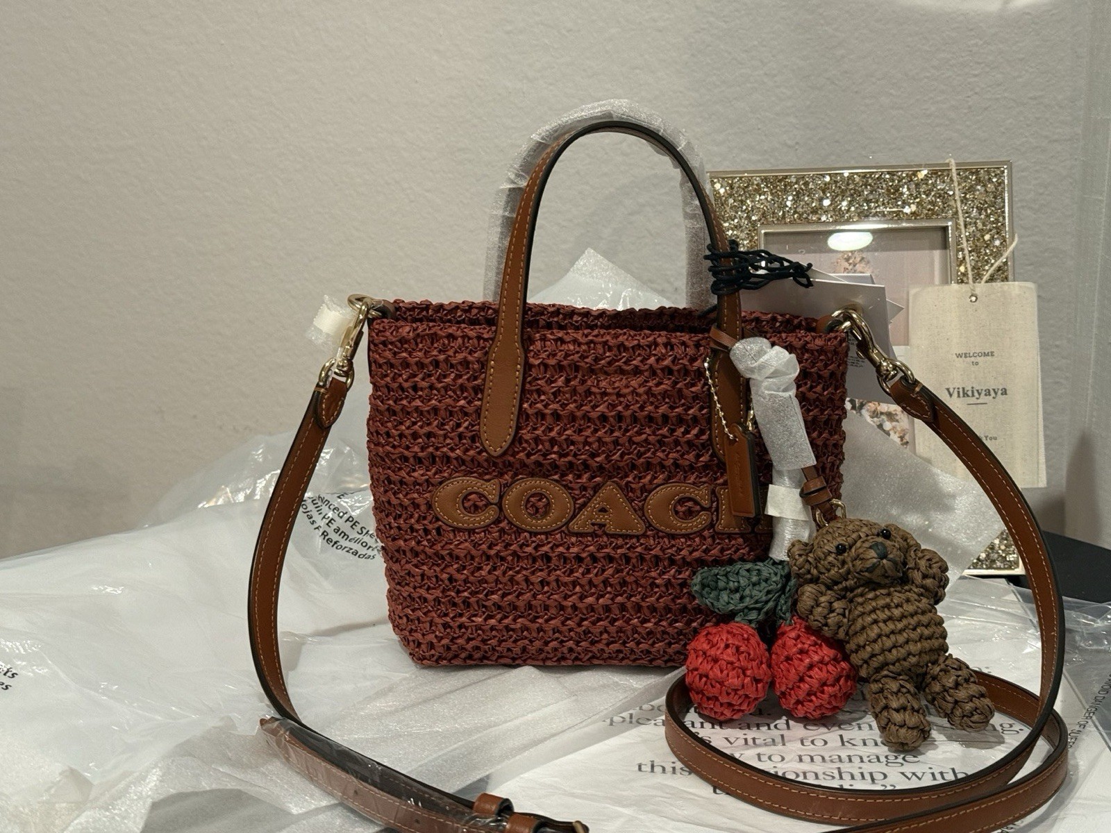 coach City Mini Tote Bag With cherry and bear Charms CEU30 NWT