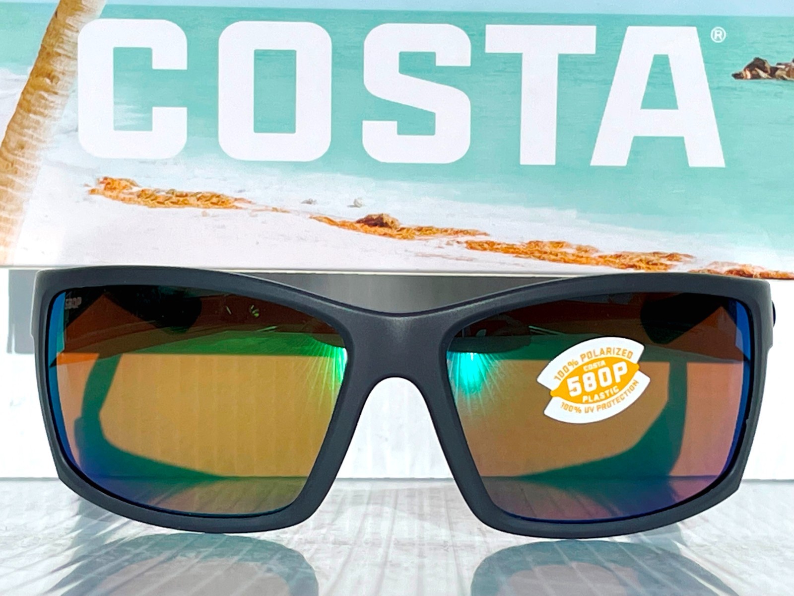 Costa Del Mar REEFTON 98 in Matte Gray w GREEN Mirrored 580P Sunglass 9007-15