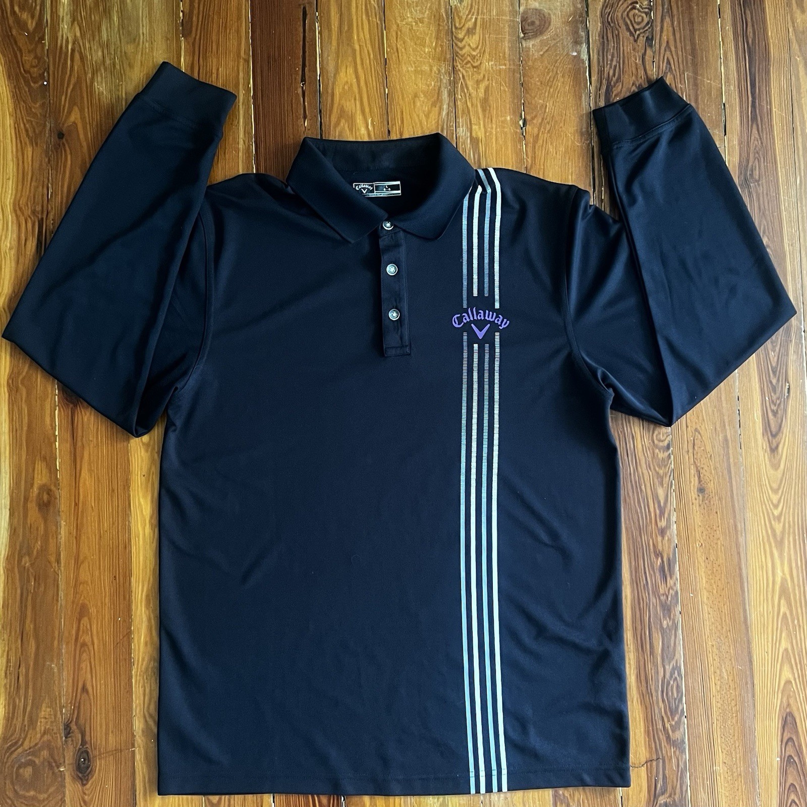 Callaway Golf Performance Long Sleeve Polo Shirt Men’s Size L Black Purple Strip