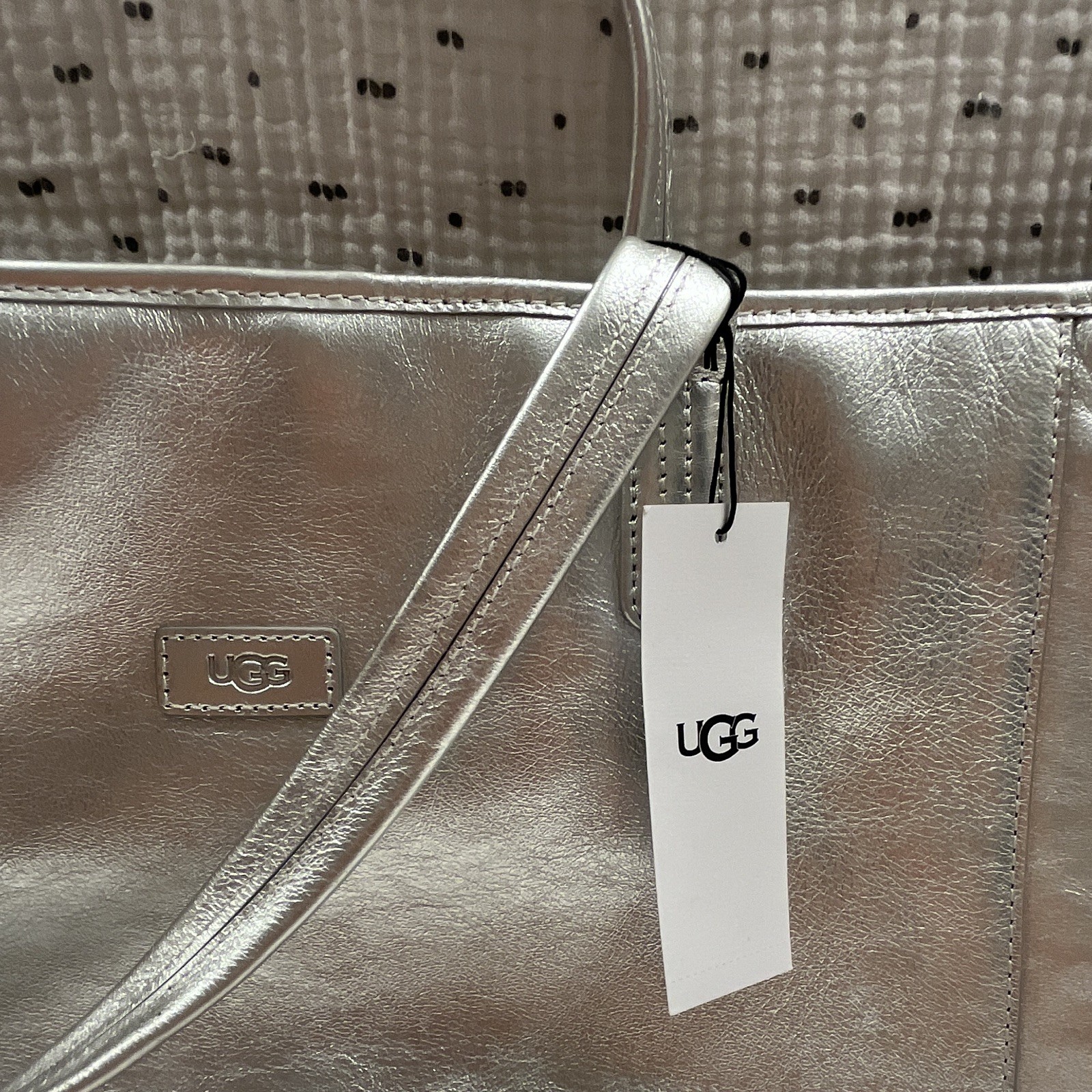 UGG Alina E/W Large Metallic Silver Zip Tote w/ Inner Pockets, Logo Accents