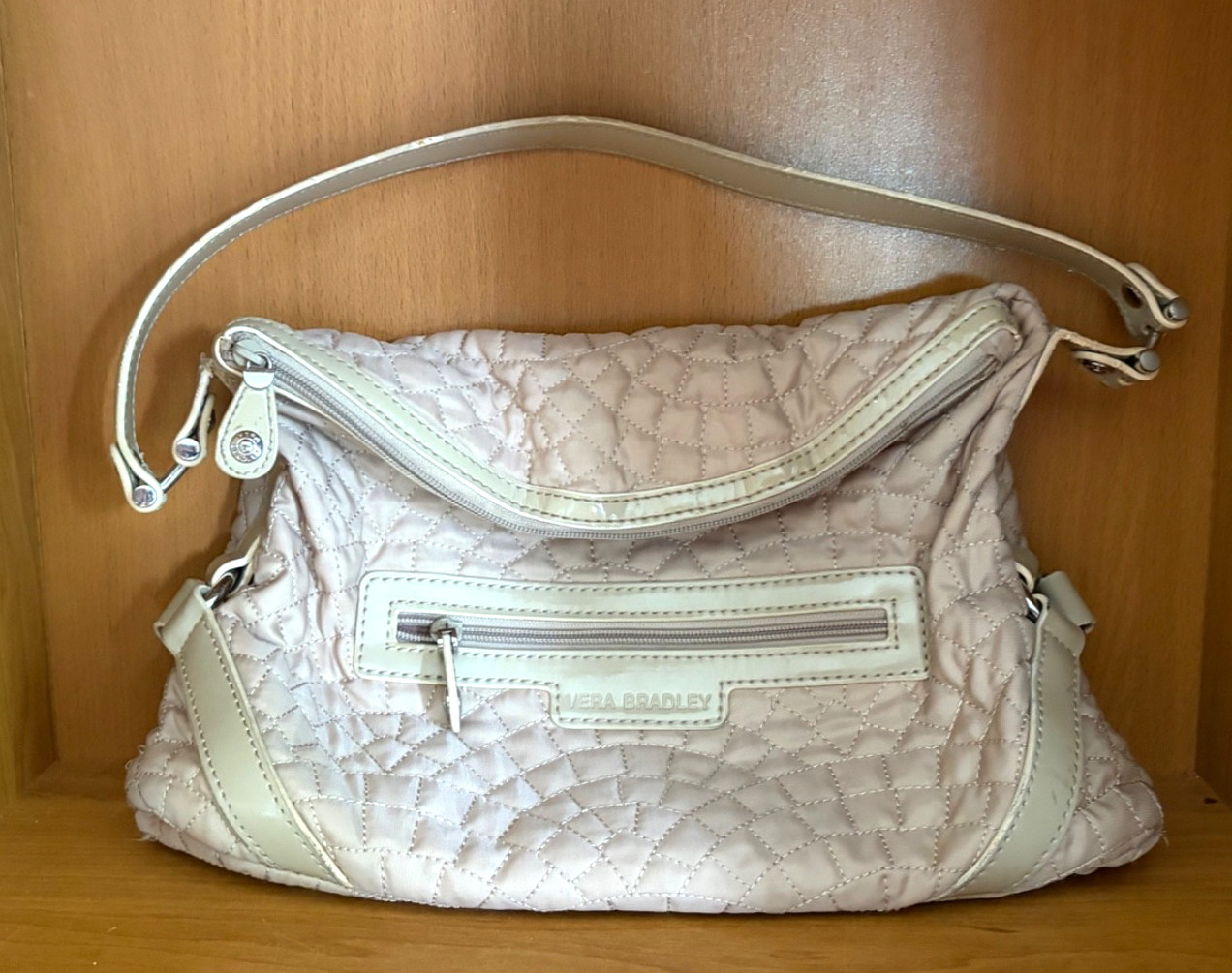 VERA BRADLEY EMMA BEIGE QUILTED NYLON TOP ZIP SHOULDER SATCHEL HANDBAG
