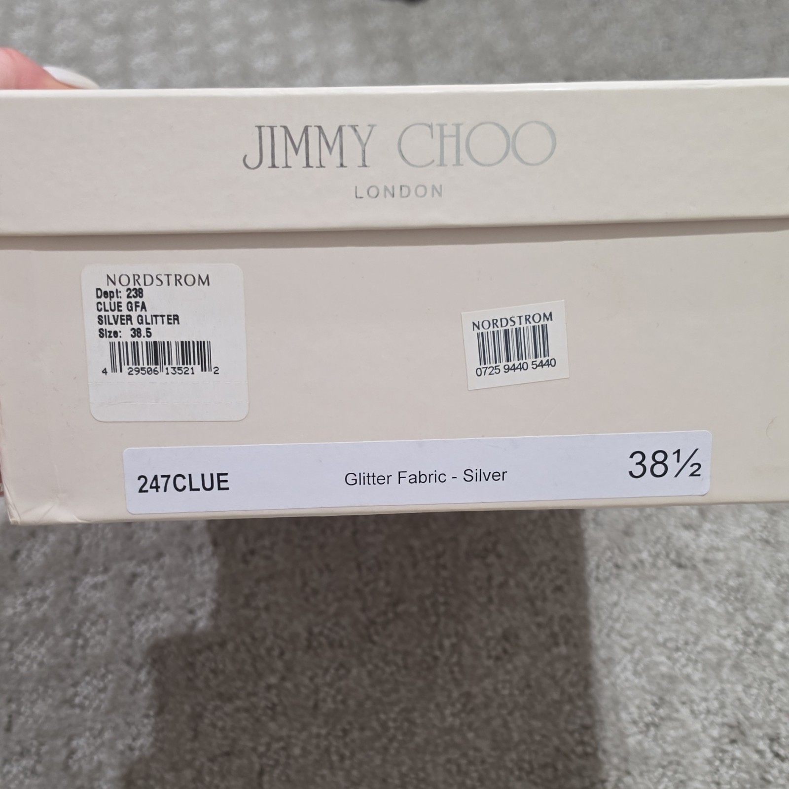 Jimmy Choo Silver Glitter Fabric Platform Peep Toe Ankle Strap Heels 38.5