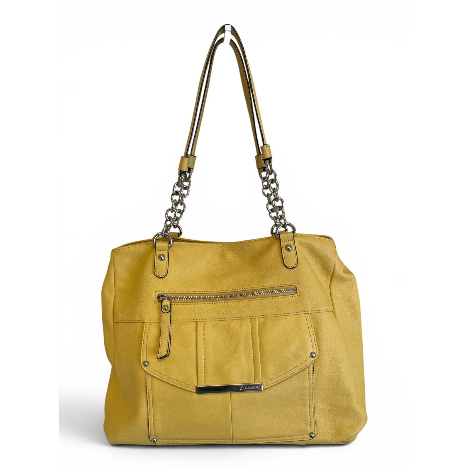 B. Makowsky Mustard Yellow Leather Satchel Silver Chain Multi Pocket Y2K Handbag