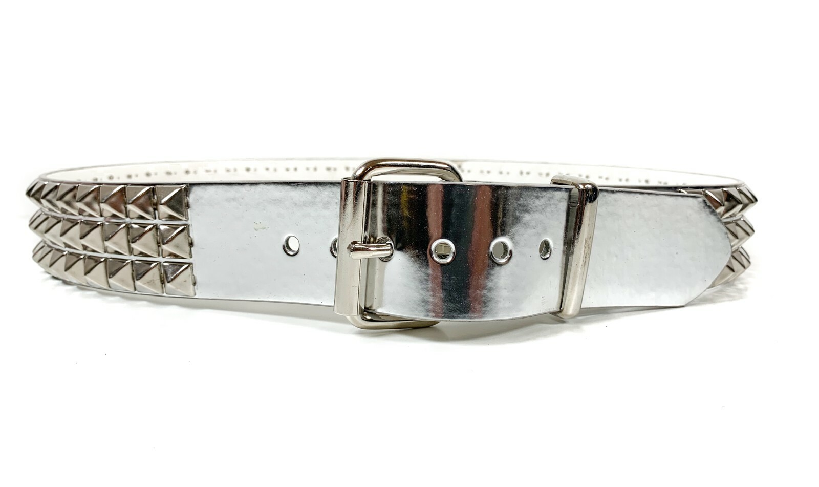 Silver Patent Three Row Pyramid Stud Belt Genuine Punk Goth Metal Funk Plus