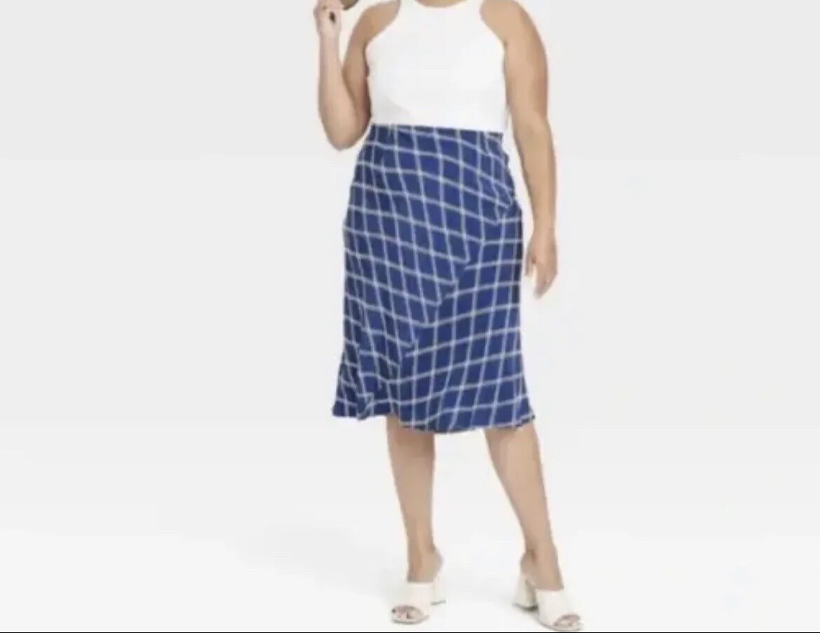 Ava & Viv women’s Skirt Size 2X midi A-line full elastic waistband Plaid Blue