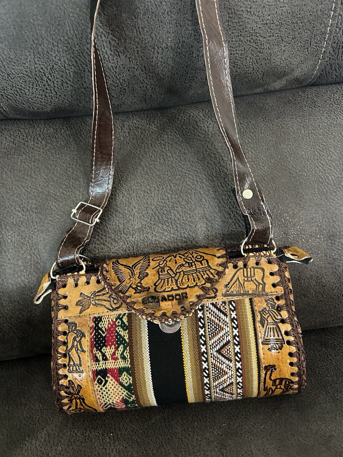 Ecuador Brown/Multicolor Striped Shoulder Bag Zip Artesanal by handmade