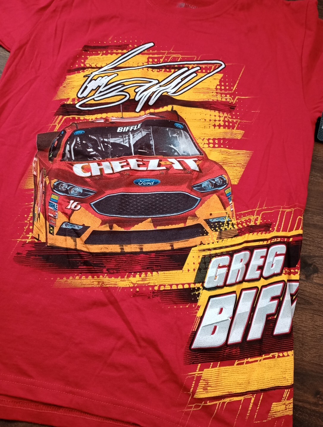 Greg Biffle #16 NASCAR Red AOP Wrap Around Cheez-IT Graphic Tee Size Large NWT