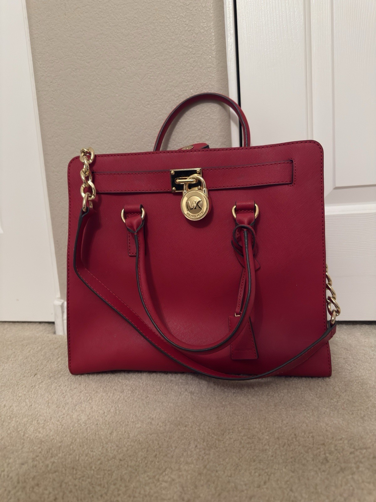Michael Kors Red Medium Satchel Top Handle Bag Chain Strap Gold Hardware Lock