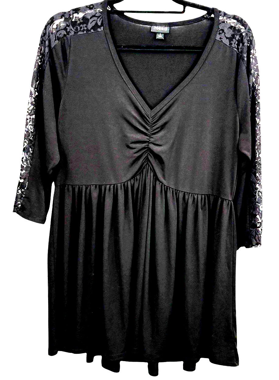 Torrid Size 1 Dress Black Lace V-Neck Ruched Front Long Sleeve Top Tunic Goth