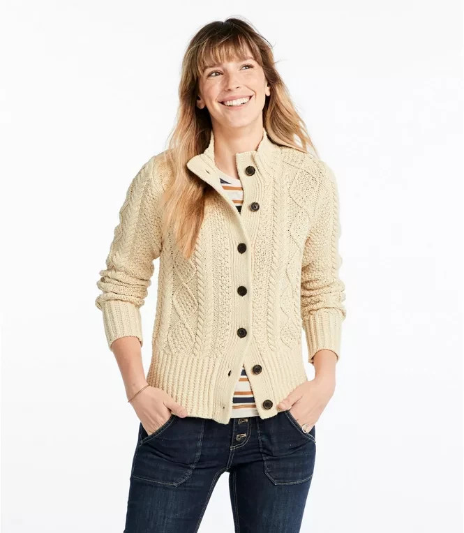 LL Bean Signature Women’s Sz M Cotton Fisherman CableKnit Sweater Short Cardigan