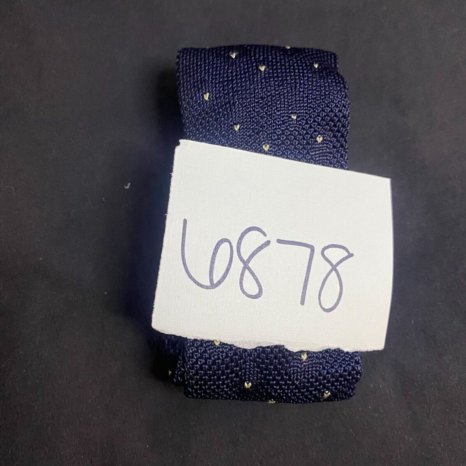 #6878 Handmade Knit Navy Blue Tiny White Hearts Mens Necktie, Tie 2.25 in wide