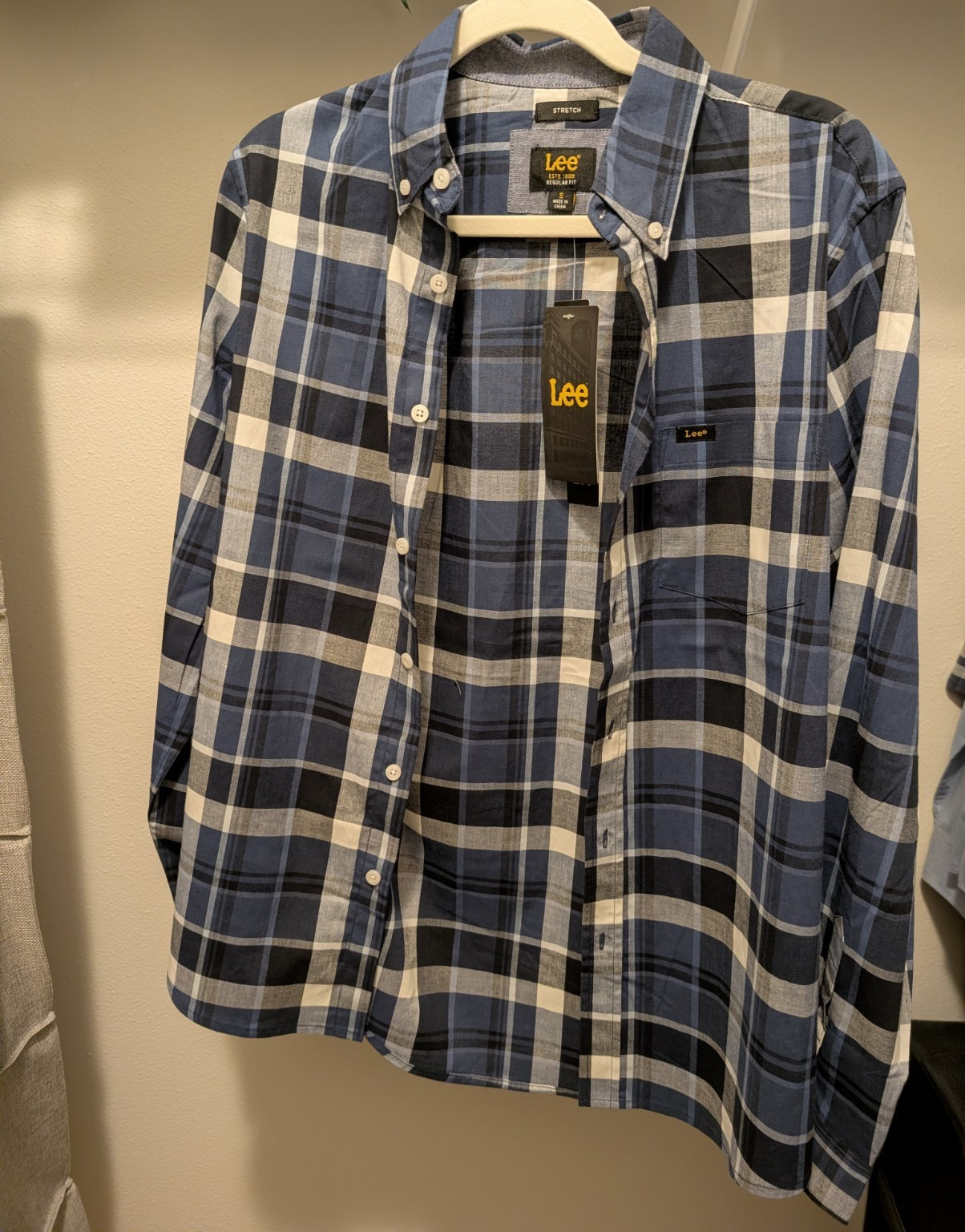 Lee Regular Fit Stretch Plaid Blue/White Long Sleeve Button-Down Shirt S