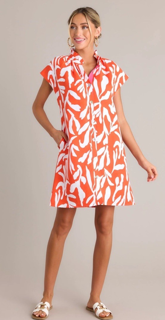THML LIFE’S COMPASS RED ORANGE ABSTRACT FLORAL BUTTON FRONT MINI DRESS SZ L