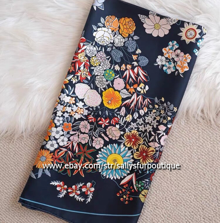 Sally 14~18 Momme Twill Silk Wrap Scarf Bandanna Vintage Flowers Print Shawl 35″