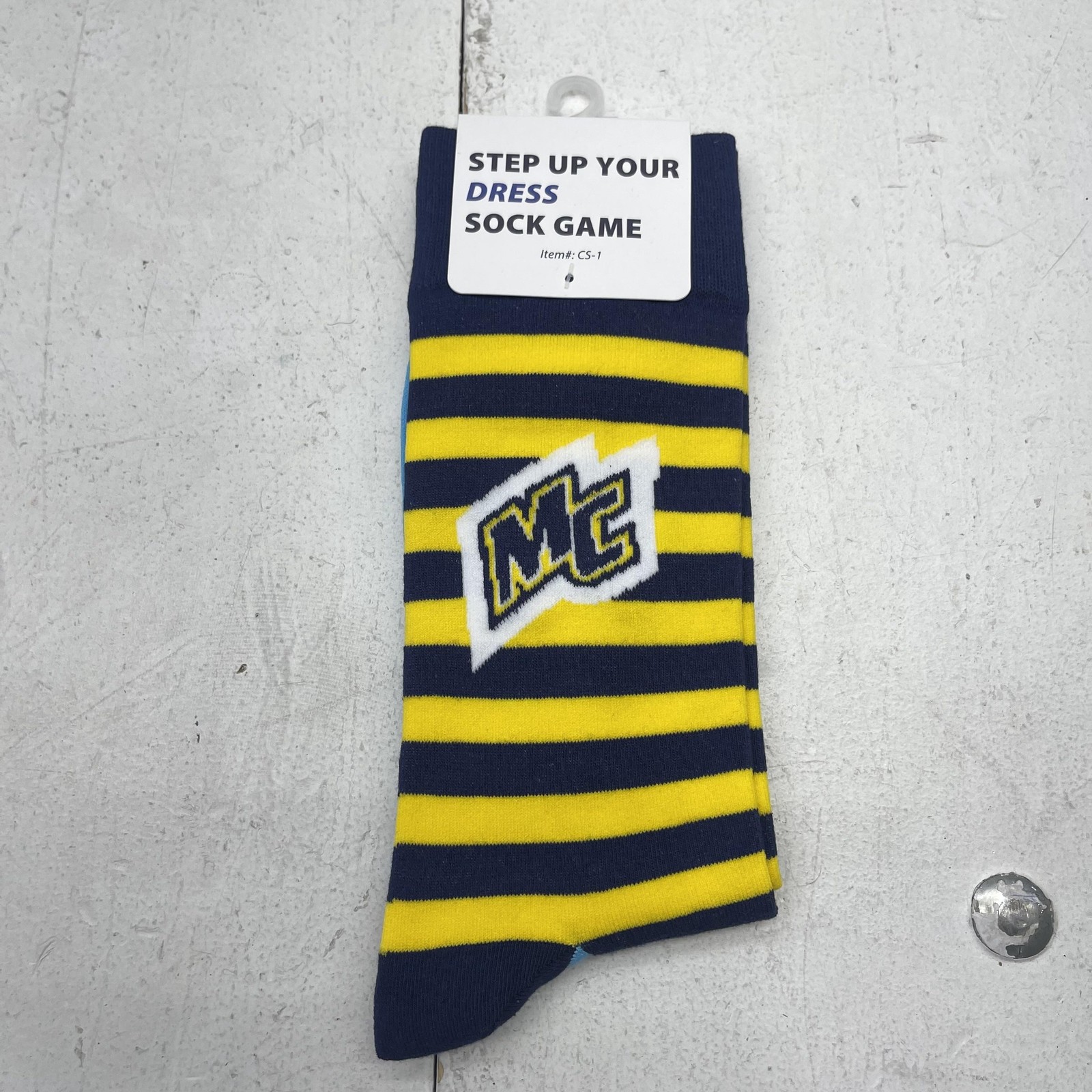 MC Striped Dress Socks Mens Navy Yellow Blue Cotton Blend Logo Crew New