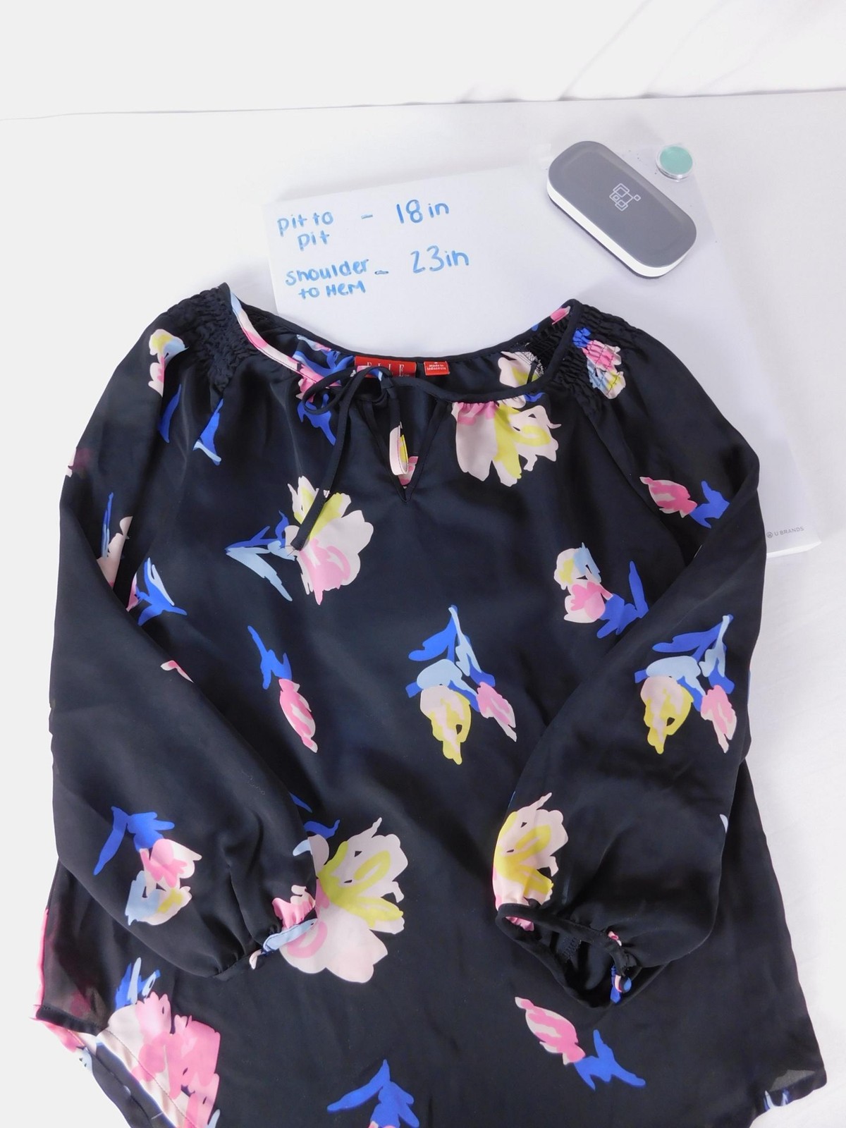 ELLE Blouse Womens S Black Floral Chiffon Scoop Neck Long Sleeve Pullover