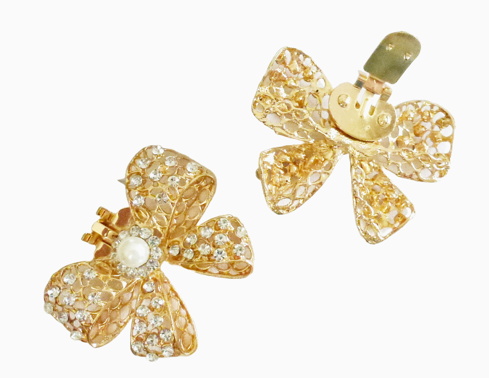 Rhinestone Bow Shoe Clips bowknot NEW gold crystal pearl