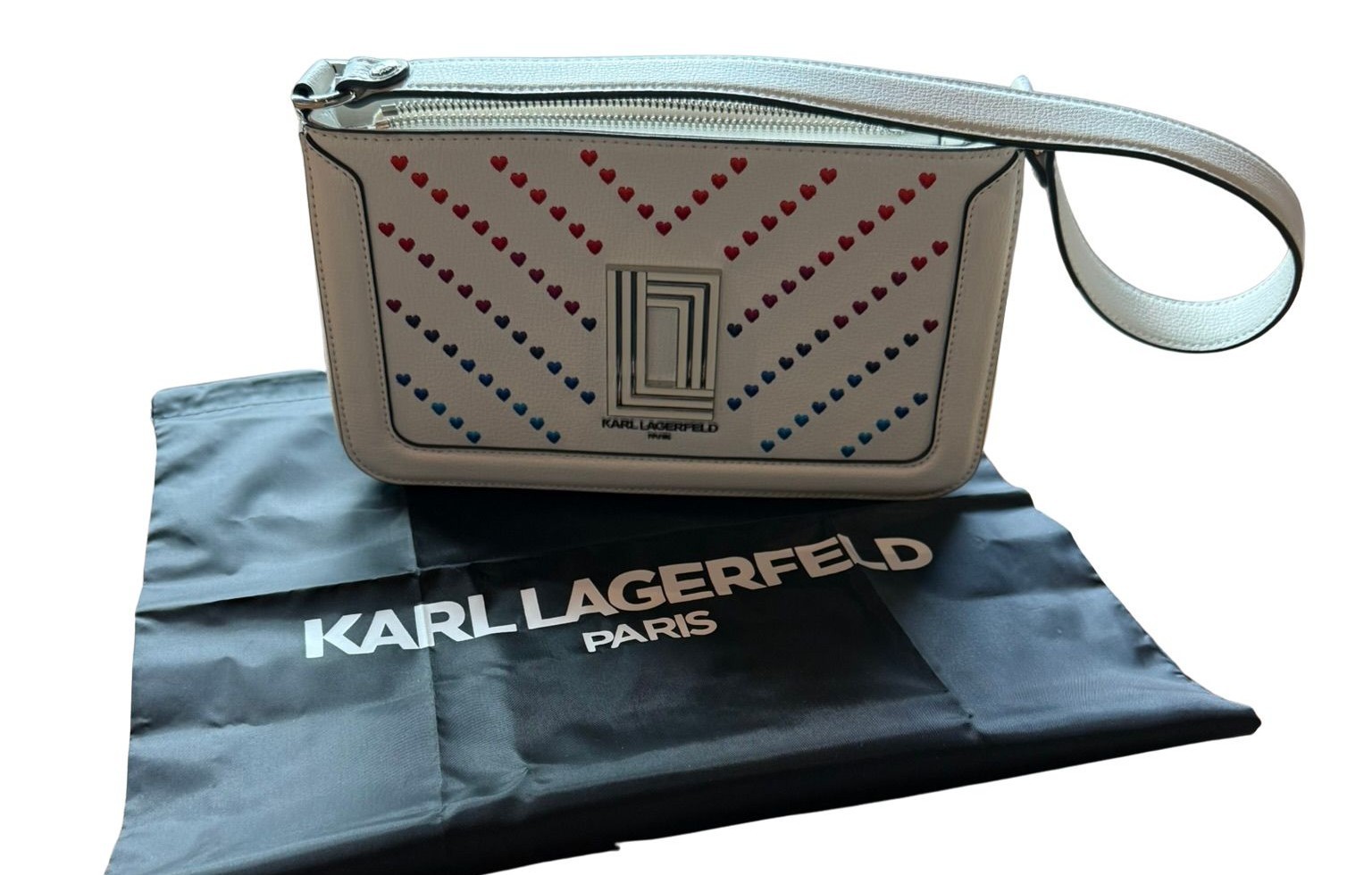 NWT New Karl Lagerfeld White Multicolor Heart Logo Shoulder Handbag